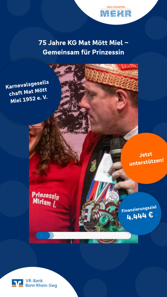 🧡💙  Dieses Crowdfunding-Projekt schaffen wir gemeinsam! 
 75 Jahre KG Mat Mött Miel – Gemeinsam für Prinzessin Miriam I. 

 Hilf mit, das Ziel zu erreichen! 
👉 Jetzt unterstützen
https://www.viele-schaffen-mehr.de/projekte/75-jahre-kg-mat-moett-miel